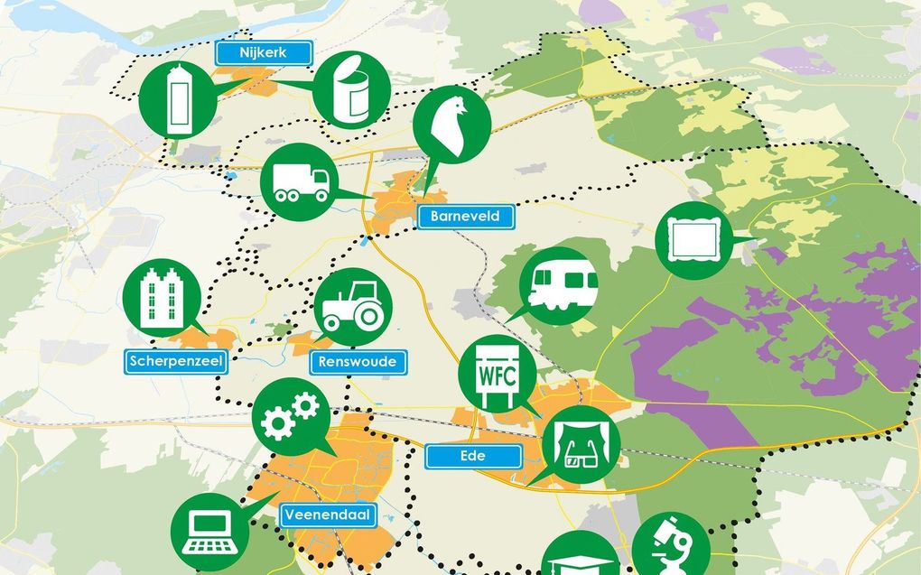 Kaart van Regio Foodvalley, een samenwerkingsverband van kennisinstellingen, bedrijven en overheden in de omgeving van Wageningen. beeld Foodvalley