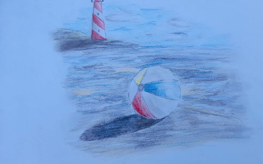 Guido van Grootheest (14) uit Lunteren tekende een vuurtoren en een strandbal die hem herinneren aan vakanties naar Texel. beeld Guido van Grootheest