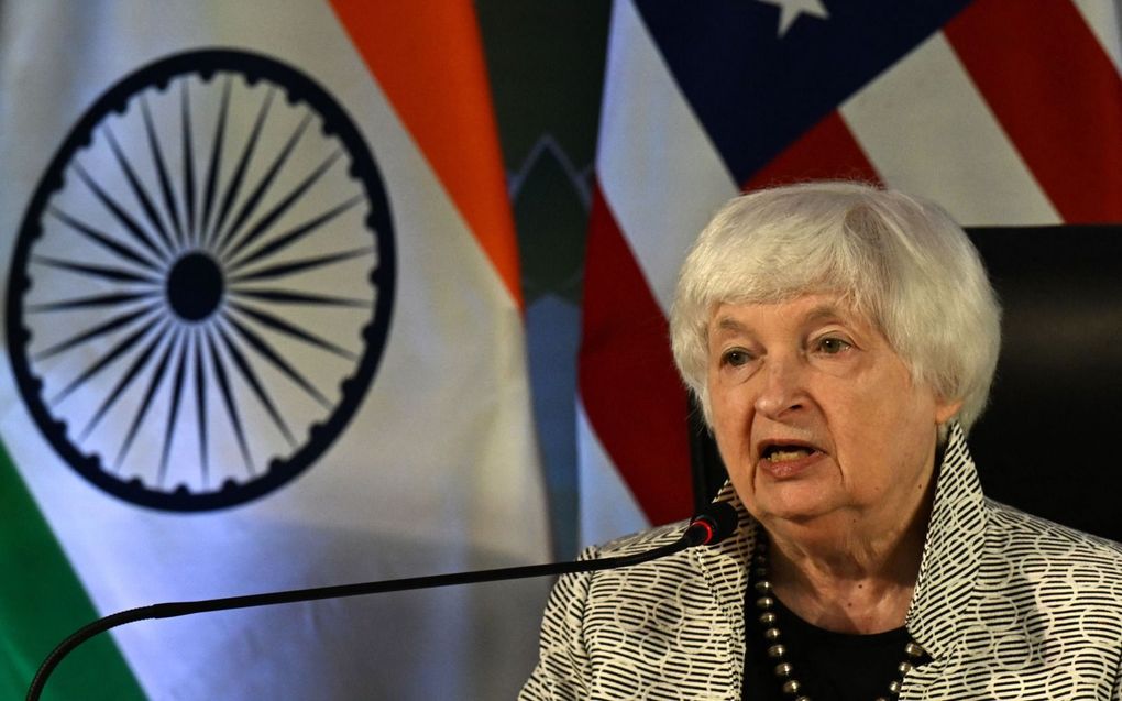 De Amerikaanse minister Yellen maandag tijdens de G20. beeld AFP, Punit Paranjpe