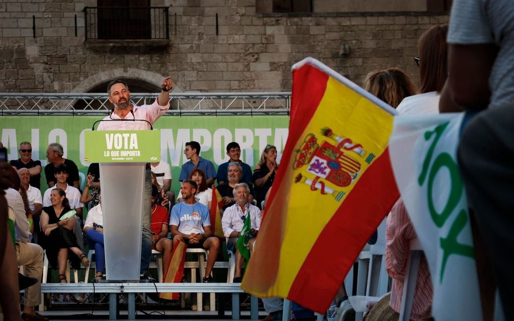 Vox-leider Santiago Abascal tijdens een campagnebijeenkomst in Palma de Mallorca, 14 juli. beeld AFP, Jaime Reina