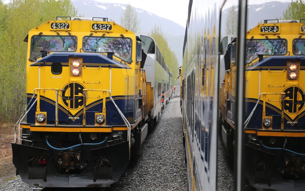 Een geelblauwe locomotief trekt drie wagons met passagiers door Alaska. beeld Riekelt Pasterkamp