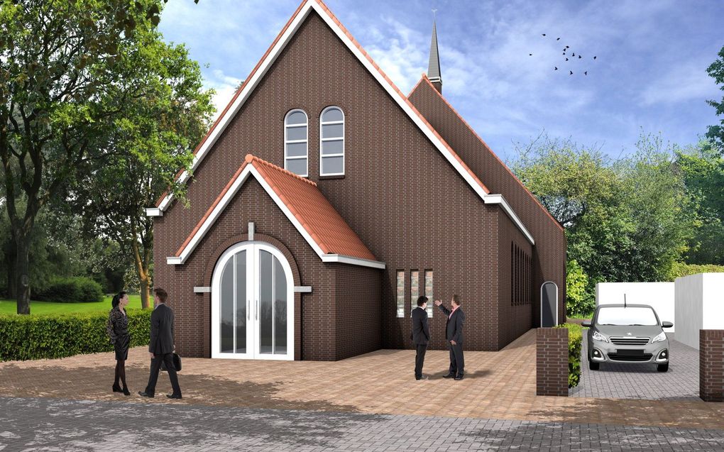 De vernieuwde voorgevel van de christelijke gereformeerde kerk te Middelharnis in een artist impression. beeld Architectenbureau Born