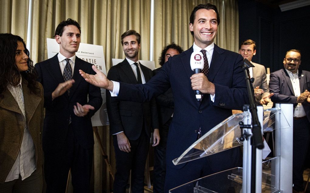 Partijleider Thierry Baudet tijdens de presentatie van het verkiezingsprogramma en de kandidatenlijst van Forum voor Democractie (FvD) voor de aankomende Tweede Kamerverkiezingen. beeld ANP, Ramon van Flymen