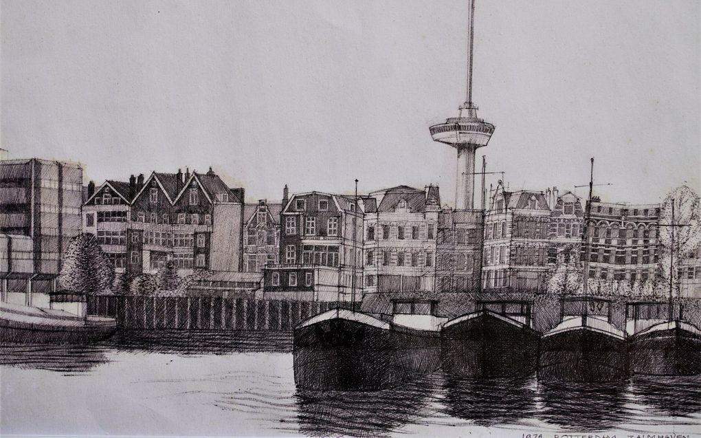 Wachtende schepen, in de voormalige Zalmhaven, Rotterdam, 1979. Balpen en Oost-Indische inkt op papier. beeld Jan Veldman