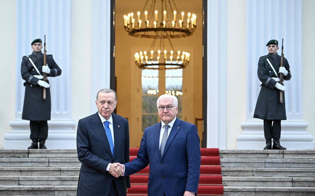 De Turkse president Recep Tayyip Erdogan en de Duitse president Frank-Walter Steinmeier. beeld AFP, Tobias Schwarz