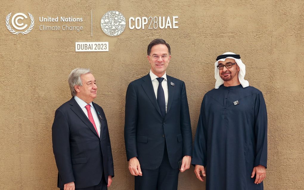 Rutte op de klimaattop in Dubai, beeld EPA, Christopher Pike