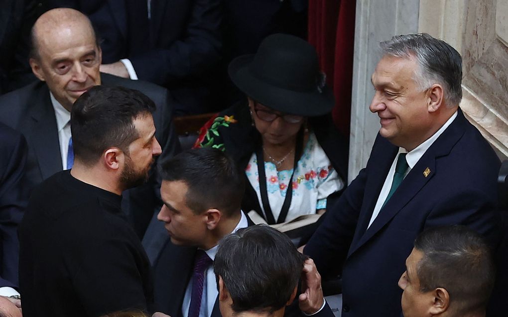 De Hongaarse president Viktor Orbán en de Oekraïense premier Volodimir Zelensky ontmoeten elkaar. beeld AFP, Alejandro Pagni