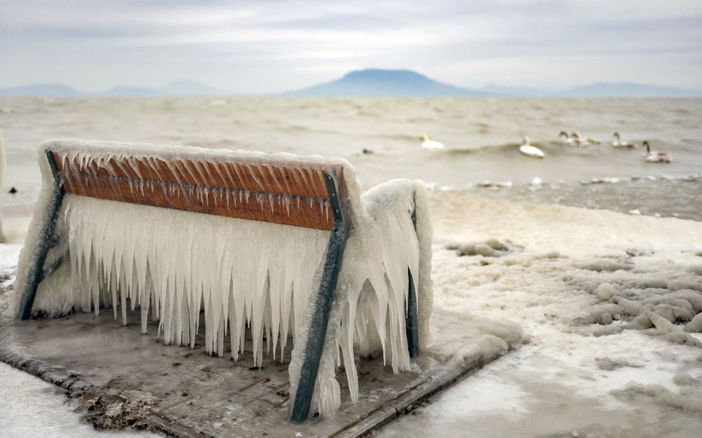 IJs bedekt een bank aan de oever van het Balatonmeer in Balatonfenyves, Hongarije. De temperatuur is gedaald tot -6 °C en er staat een harde wind. beeld EPA, Gyorgy Varga