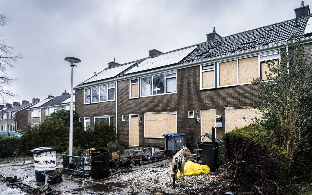 Afgetimmerde ruiten en deuren bij woningen aan de Anna Maria Horalaan in het Groningse dorp Midwolda. Woningen en auto's zijn beschadigd geraakt, na meerdere zware explosies door illegaal vuurwerk tijdens oudjaarsnacht. beeld ANP, SIESE VEENSTRA