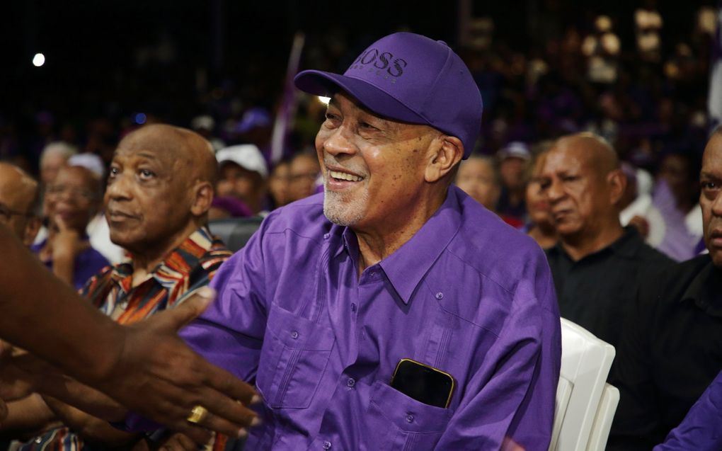 Desi Bouterse tijdens een massameeting van de NDP, de partij van de Surinaamse oud-legerleider, ex-president en politicus. beeld ANP, Ranu Abhelakh