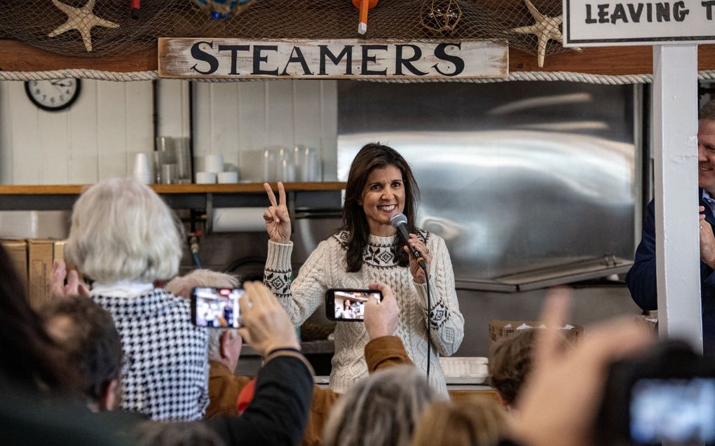 Nikki Haley op campagne, ze is de enige serieuze overgebleven concurrent voor Trump. beeld AFP, Joseph Prezioso