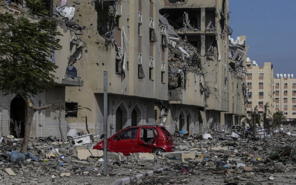 Vooral de stad Khan Younis in het zuiden van de Gazastrook, volgens Israël een bolwerk van Hamas, moest het de afgelopen weken ontgelden. beeld EPA, Mohammed Saber