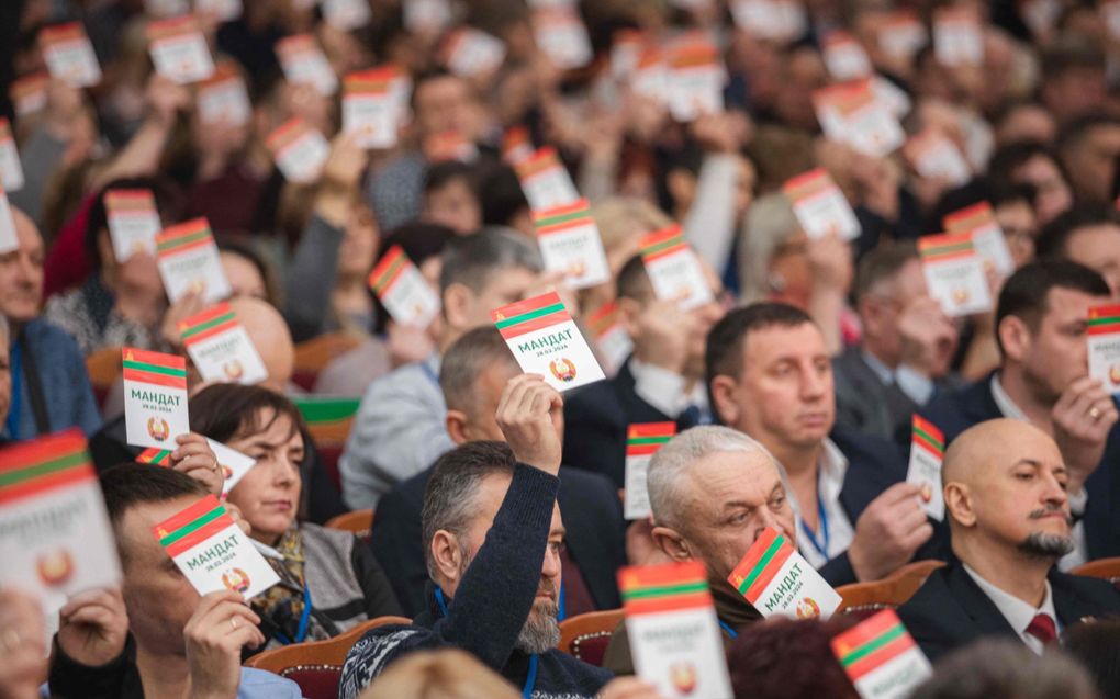 Het Transnistrische congres van afgevaardigden kwam woensdag in de hoofdstad Tiraspol bijeen en plaatste een oproep aan het adres van Rusland: „Neem maatregelen om Transnistrië met het oog op de toenemende druk vanuit Moldavië te beschermen.” beeld AFP/Stringer