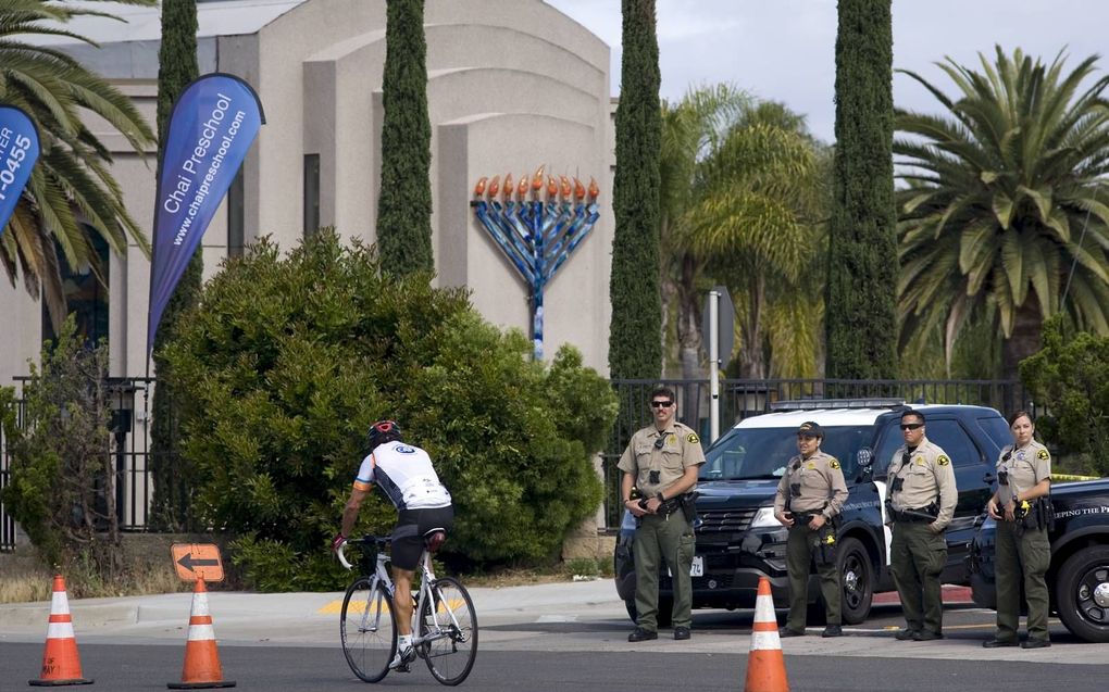 De synagoge in Poway, een voorstad van San Diego in Californië, waar de 19-jarige John Earnest een terreuraanslag pleegde. beeld EPA, David Maung