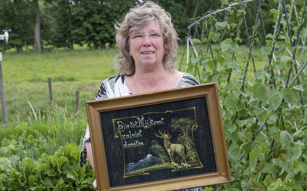 Tineke van der Veen uit Damwoude vond het schilderij met een tekst uit Johannes 6 in een kringloopwinkel in Kollumerzwaag. Ze had de tekst net gelezen in haar Bijbelapp en was erdoor geraakt. beeld Sjaak Verboom