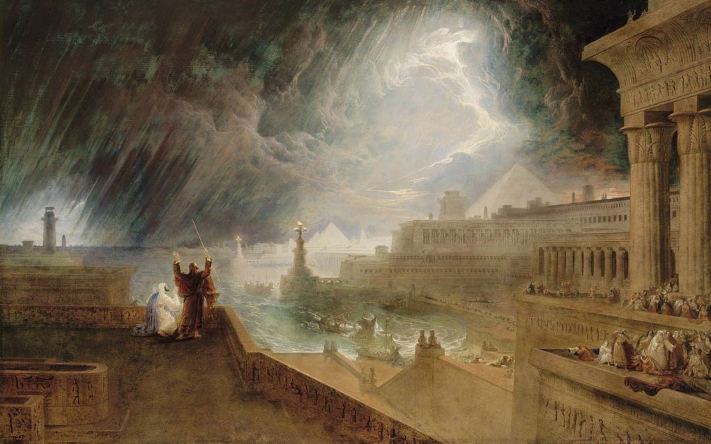 ”De zevende plaag” (hagel en vuur), op een schilderij van John Martin (1823). beeld Wikimedia