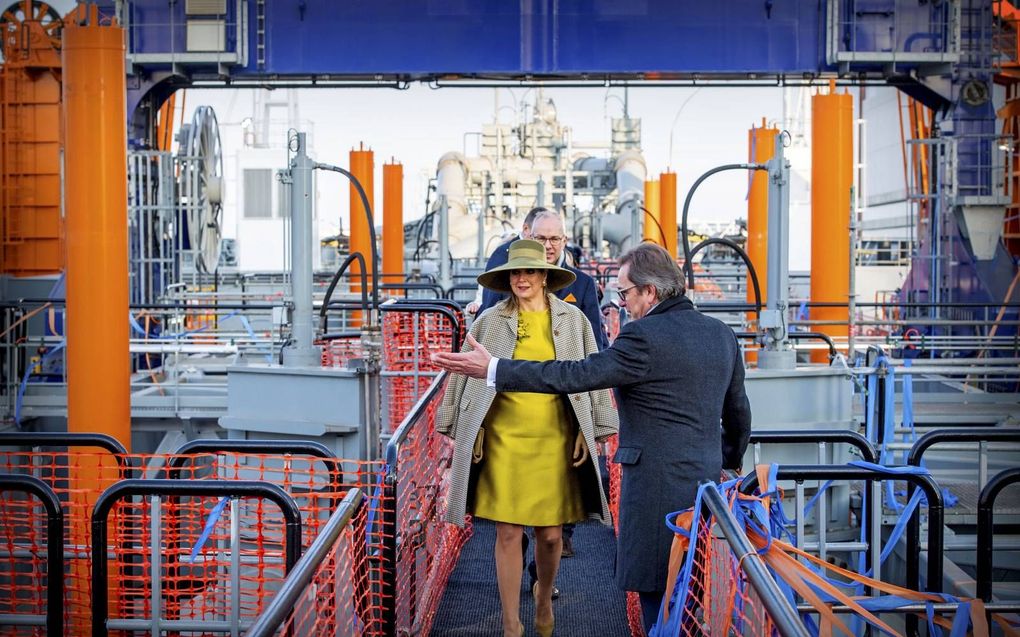 Koningin Máxima bezoekt in 2018 een nieuwe sleephopperzuiger van baggerbedrijf Van Oord. beeld ANP, Patrick van Katwijk