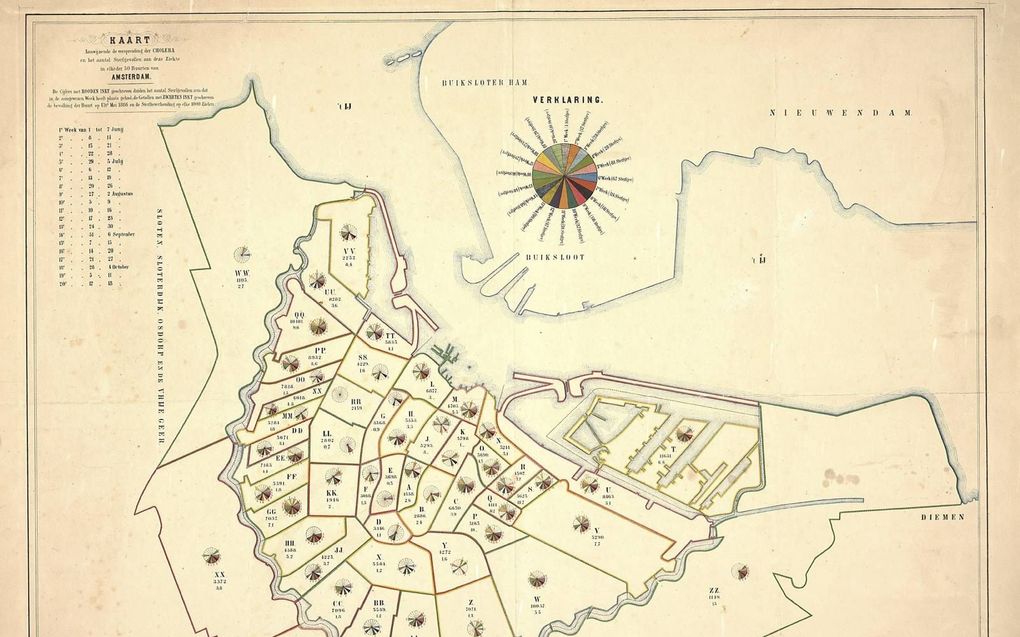 Cholerakaart van Amsterdam uit 1866, waarop per wijk het aantal sterfgevallen wordt bijgehouden. De ziekte maakt vooral in achterbuurten slachtoffers. beeld Stadsarchief Amsterdam