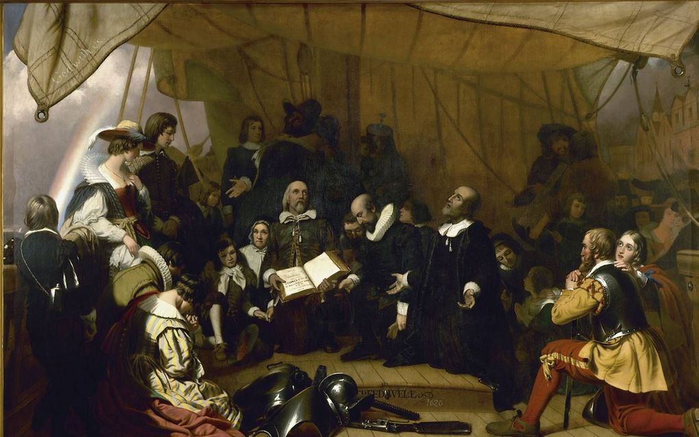 Pilgrims aan boord van de Speedwell kort voor het vertrek uit Delfshaven op 22 juli 1620. Schilderij van Robert W. Weir. beeld uit besproken boek