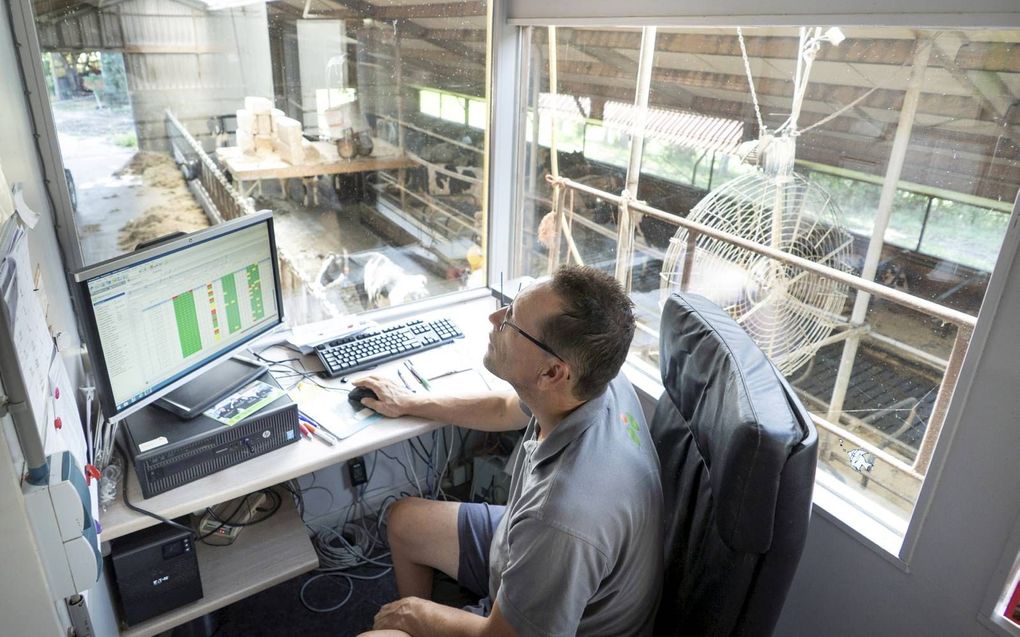 Melkveebedrijven zijn heel verschillend maar het werk is in grote lijnen gelijk, zegt Roel Bouwhuis. Hij kan in de computer bijvoorbeeld precies zien welke koeien hij moet melken en welke niet. beeld Niek Stam​