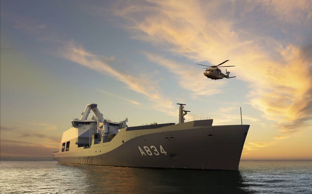 Het nieuwe bevoorradingsschip van de Koninklijke Marine, dat in 2024 in de vaart komt, krijgt de naam Zr.Ms. Den Helder. beeld Damen