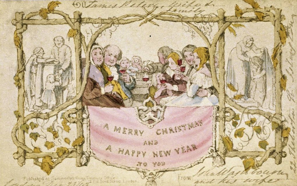 Het ontwerp van de eerste kerstkaart ter wereld door Henry Cole en John Callcott Horsley uit 1843. beeld Wikipedia