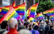 Actievoerders tijdens een demonstratie twee weken geleden bij het Homomonument tegen de Hongaarse anti-LHBTI-wet. In de wet wordt voorlichting aan jongeren over homoseksualiteit en transseksualiteit verboden. ANP ROBIN UTRECHT