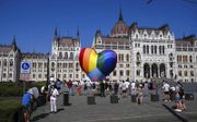 Activisten demonstreren begin juli in de Hongaarse hoofdstad Boedapest tegen een nieuwe wet die het promoten van seksualiteit, geslachtsverandering en homoseksualiteit aan kinderen onder de 18 jaar verboden maakt. beeld AFP, Attila Kisbenedek