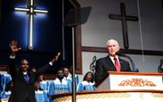 Mike Pence houdt een toespraak in de Holy City Church of God in Christ in Raleigh, Tennessee, januari 2020. Vooral conservatieve evangelicals zien in Pence, hun man, meer nog dan in Trump. beeld Twitter, Mike Pence