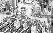 „De Amsterdamse cartograaf en architect Carlijn Kingma doet in de tekening getiteld ”Het waterwerk van ons geld” een poging om het wereldwijde geldstelsel te visualiseren, gebruikmakend van de metafoor van een complex watersysteem.” beeld Carlijn Kingma