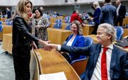 Yeşilgöz (l.) en Wilders begroeten elkaar, voorafgaand aan het debat over de kabinetsformatie. beeld ANP, Remko de Waal