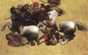 Een schets voor ”De slag bij Anghiari” van de hand van Da Vinci. Rechts een 400 jaar oude kopie van de muurschildering. beeld Wikimedia/Galleria Degli Uffici, Florence