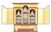 Tekening van het Italiaanse orgel dat de firma Reil gaat bouwen. Het is de bedoeling dat het instrument uitbundiger versierd wordt en dat de luiken in 17e-eeuwse stijl worden beschilderd. beeld Castello Consort