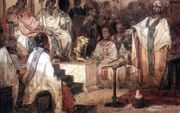 Een schilderij van het concilie van Chalcedon (451), gemaakt door de Russische kunstenaar Vasily Surikov. beeld Wikimedia