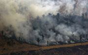 Rook stijgt op uit het oerwoud in de buurt van de Braziliaanse stad Boca Do Acre nadat blusvliegtuigen water hebben afgeworpen.  beeld AFP, Lula Sampaio