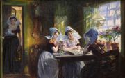 Dammende dames in Zeeuwse klederdracht. De Duitse kunstenaar Max Silbert (1871-1930) schilderde het kunstwerk mogelijk in Zoutelande, waar hij enkele jaren van zijn leven werkte. beeld uit besproken boek