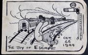Duggie Baker tekende tijdens zijn onderduikperiode zijn sprong van de trein. Als krijgsgevangene op transport gesteld naar Duitsland lukte het hem toen de trein vaart minderde, uit een raam naar buiten te klimmen en te springen. beeld uit Schuilplaats de 