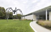 De ruim tien meter hoge spin ”Maman” (1999) van Louise Bourgeois voor de ingang van museum Voorlinden. beeld Antoine van Kaam