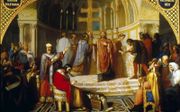 Schilderij van het concilie van Toledo in 589. beeld Wikimedia