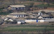 Zicht op het Noord-Koreaanse platteland bij Kaesong, gezien vanaf de gedemilitariseerde zone tussen Noord- en Zuid-Korea. Miljoenen Noord-Koreanen hebben structureel tekort aan voedsel. beeld AFP, Ed Jones