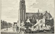 De Onze-Lieve-Vrouwekerk in Amersfoort zoals die er vóór de explosie in 1787 uitzag. Mogelijk is Laurens Queljo in 1623 in deze kerk begraven. beeld Rijksmuseum