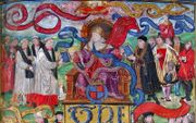 Titelpagina van de Engelse ”Grote Bijbel” die in het bezit is van St. John’s College in Cambridge. Bovenaan krijgt Thomas Cromwell een exemplaar van deze Bijbel van koning Henry VIII (rechtsboven). Het is waarschijnlijk Richard Rich die de Bijbel uitdeelt