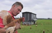 Boer Anton de Wit uit Reeuwijk houdt 249 kippen in zijn kippenkar, een mobiel en volledig geautomatiseerd kippenhok dat in zijn weiland staat. beeld Theo Haerkens