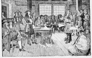 Quaker bijeenkomst Op deze afbeelding is William Penn (1644-1718) zichtbaar. beeld Getty images