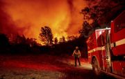 Brandweerlieden kijken toe hoe de vlammen boven hun vrachtwagen uit torenen bij de brand ”Bear Fire” in Oroville, Californië. beeld AFP, Josh Edelson