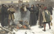Luther verbrandde de bul die paus Leo X had uitgevaardigd tegen de leerstellingen van de kerkhervormer. De Zweedse schilder Karl Aspelin maakte er in 1885 deze afbeelding van. beeld Wikimedia