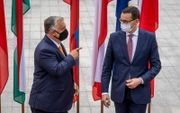 De Hongaarse premier Viktor Orban (l.) en de Poolse premier Mateusz Morawiecki (r.) zochten elkaar donderdag in de Hongaarse hoofdstad Boedapest op. Ze stemden onder andere hun onderhandelingsposities in Brussel met elkaar af. beeld AFP, Wojtek Radwanski
