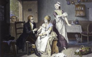 Edward Jenner vaccineert zijn eigen kind. beeld Wellcome Library, London