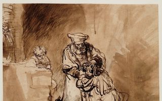 Tekening van een oude man die zijn handen legt op een jongen die geknield voor hem ligt. Links kijkt een andere jongen toe.