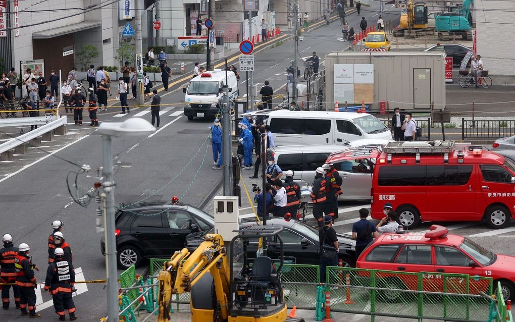 De voormalige Japanse minister-president Shinzo Abe werd vrijdag neergeschoten tijdens een politiek evenement in de stad Nara, in het westen van Japan. beeld EPA